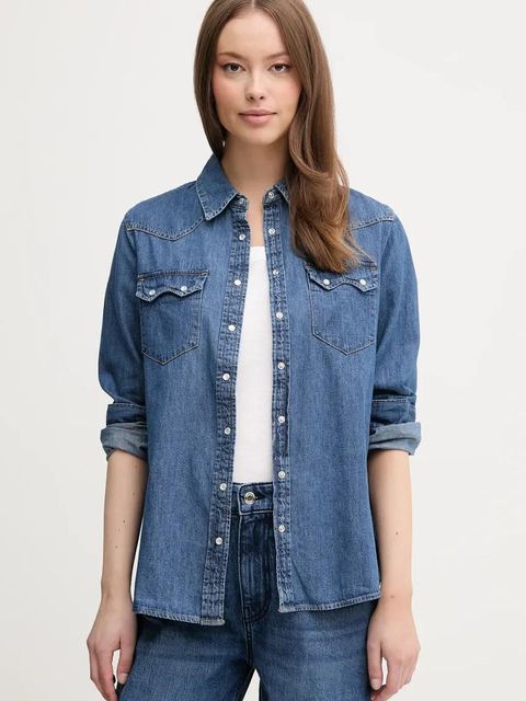 United Colors of Benetton koszula jeansowa damska kolor niebieski regular z kołnierzykiem klasycznym - zdjęcie produktu nr 1