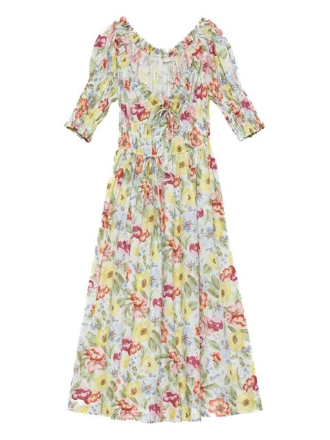 DÔEN Ischia shirred floral-print midi dress - Neutrals - zdjęcie produktu nr 1