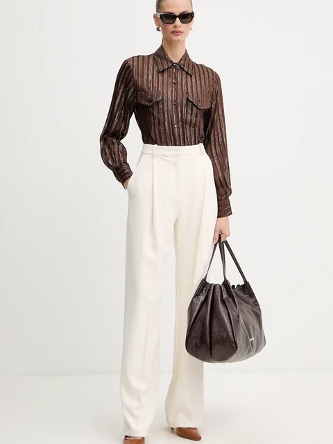 Luisa Spagnoli koszula jedwabna damska kolor brązowy regular z kołnierzykiem klasycznym 542740 - zdjęcie produktu nr 2