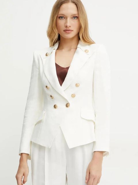 Elisabetta Franchi marynarka lniana kolor beżowy dwurzędowa gładka GI16252E2 - zdjęcie produktu nr 1