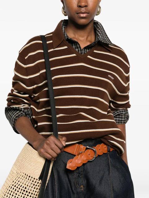 Miu Miu striped V-neck T-shirt - Brown - zdjęcie produktu nr 2