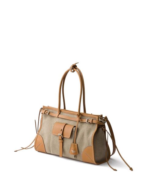 Prada Bonnie linen and leather tote bag - Neutrals