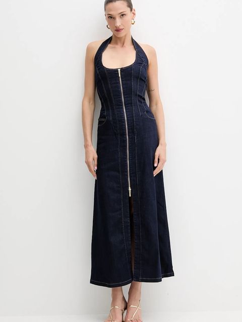 Bardot sukienka jeansowa kolor granatowy maxi rozkloszowana 91426DB