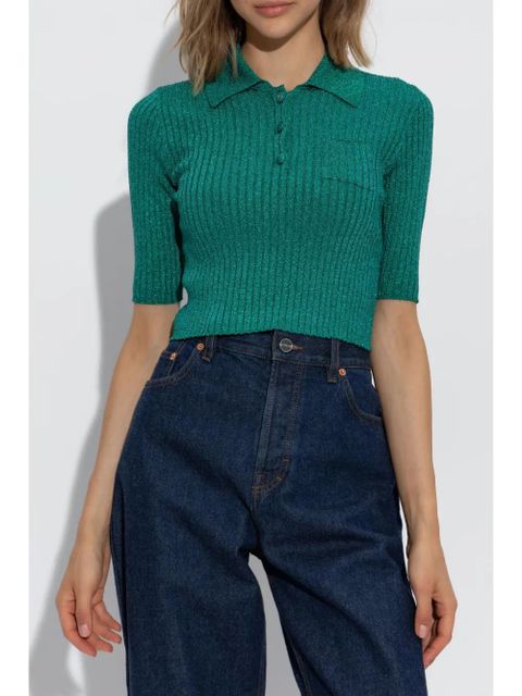 Gucci ribbed-lamé cropped polo shirt - Green