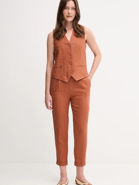 United Colors of Benetton spodnie lniane damskie kolor pomarańczowy proste high waist 4AGHDF079