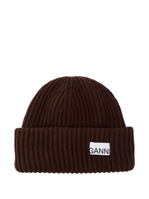 GANNI ribbed patch beanie hat - Brown - zdjęcie produktu nr 1