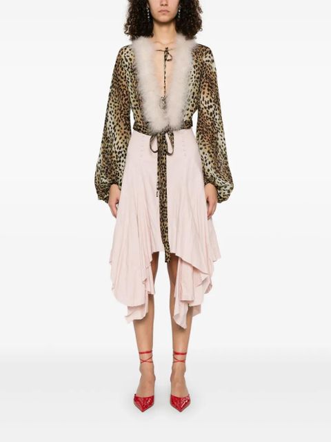 Blumarine leopard-print feather-trim blouse - Brown