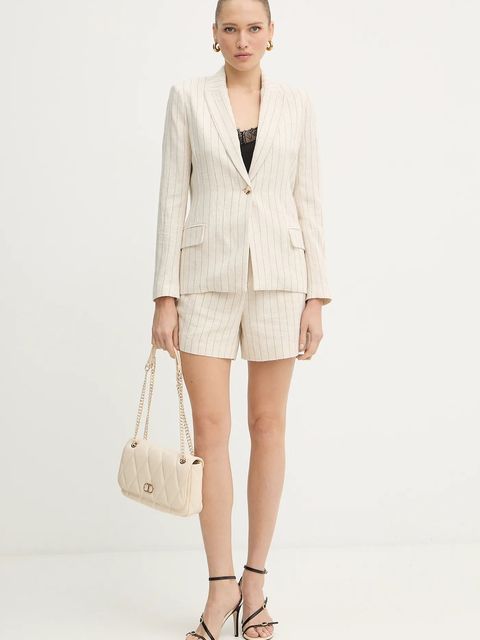 Morgan szorty z domieszką lnu damskie kolor beżowy wzorzyste high waist SHIZ.F - zdjęcie produktu nr 2