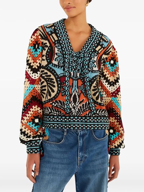 FARM Rio crochet-construction V-neck sweater - Blue