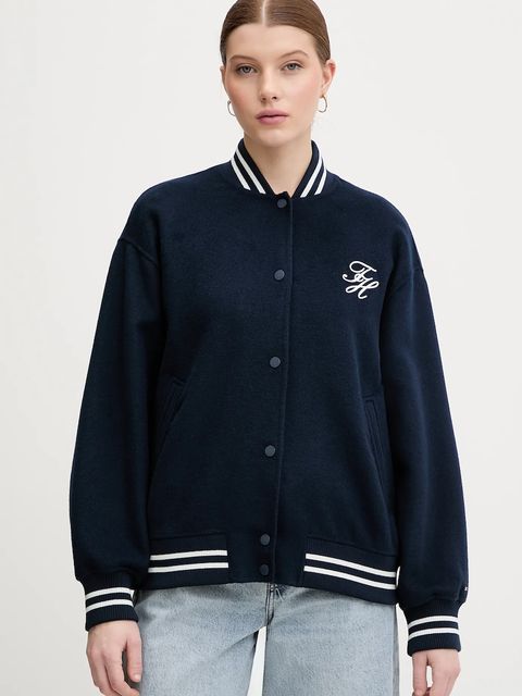 Tommy Hilfiger kurtka bomber z dodatkiem wełny kolor granatowy przejściowa oversize WW0WW47760 - zdjęcie produktu nr 1
