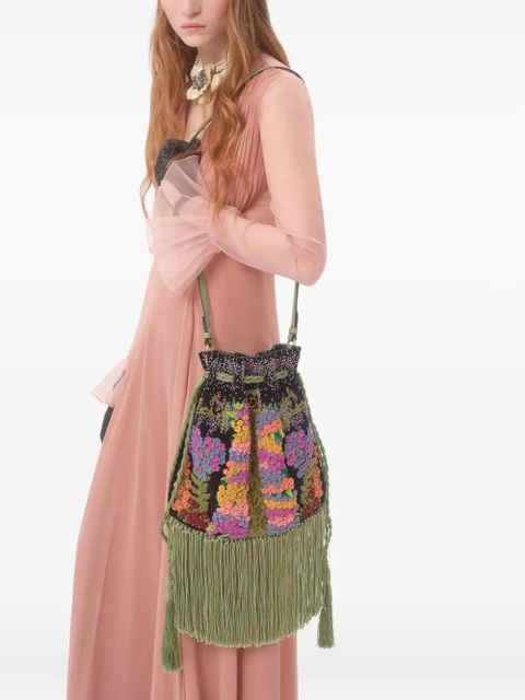 Valentino Garavani fringed embroidered drawstring bag - Black