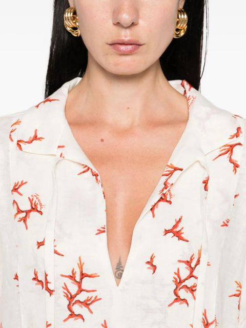 FENDI coral-print tie-neck mini dress - White