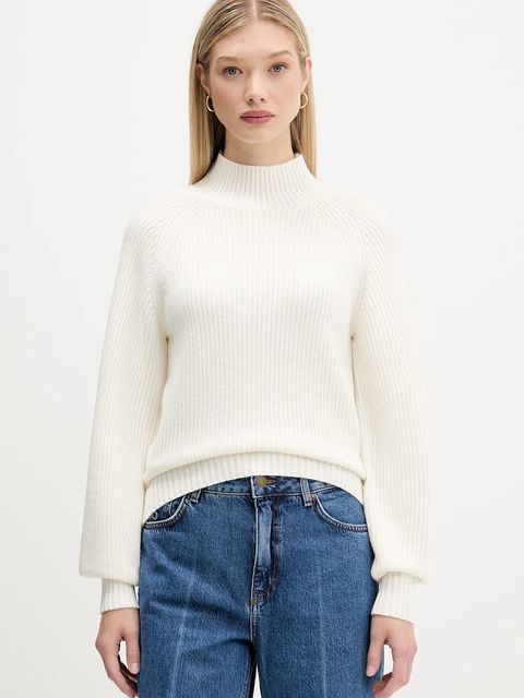 HUGO sweter z wełną damski kolor beżowy z półgolfem 50548292 - zdjęcie produktu nr 1