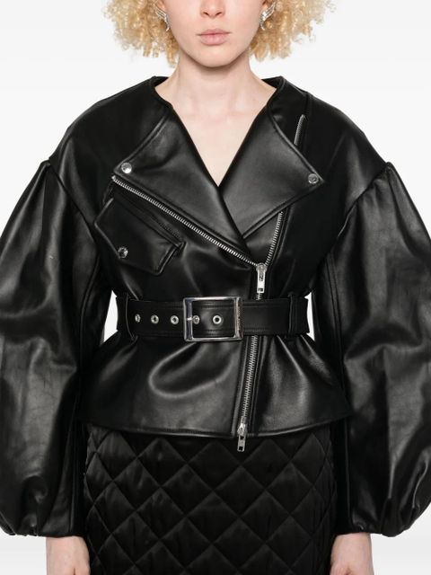 Simone Rocha belted puff-sleeve leather jacket - Black
