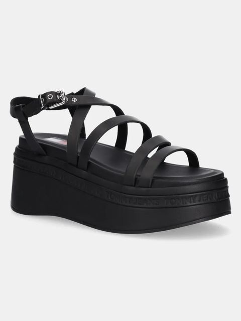 Tommy Jeans sandały skórzane WEDGY STRAPPY SANDAL damskie kolor czarny na platformie EN0EN02756 - zdjęcie produktu nr 1