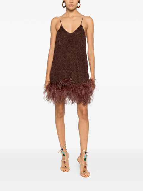 Oséree feather-detail V-neck mini dress - Brown - zdjęcie produktu nr 2