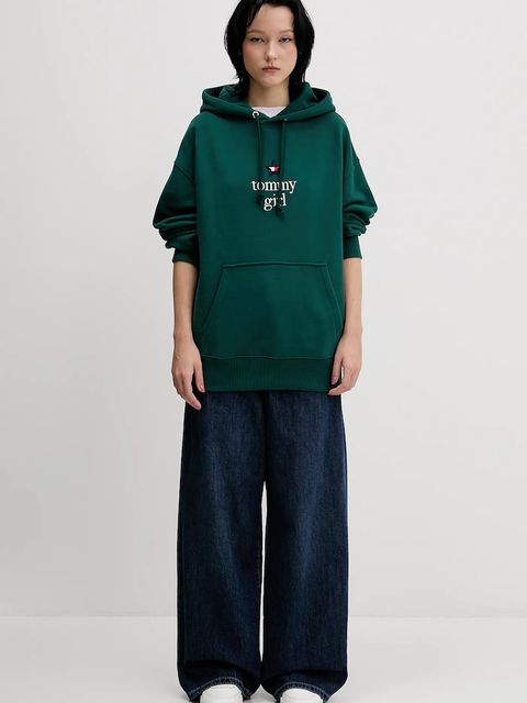 Tommy Jeans bluza bawełniana damska kolor zielony z kapturem z aplikacją DN0DN00099 - zdjęcie produktu nr 2