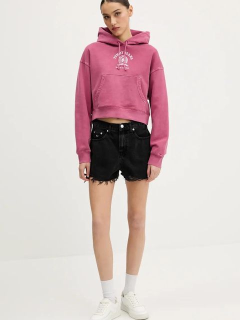 Tommy Jeans bluza bawełniana damska kolor różowy z kapturem z aplikacją DW0DW20311