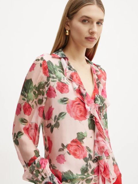 Guess bluzka z domieszką jedwabiu SOAVE kolor różowy wzorzysta W5RH55 WE550