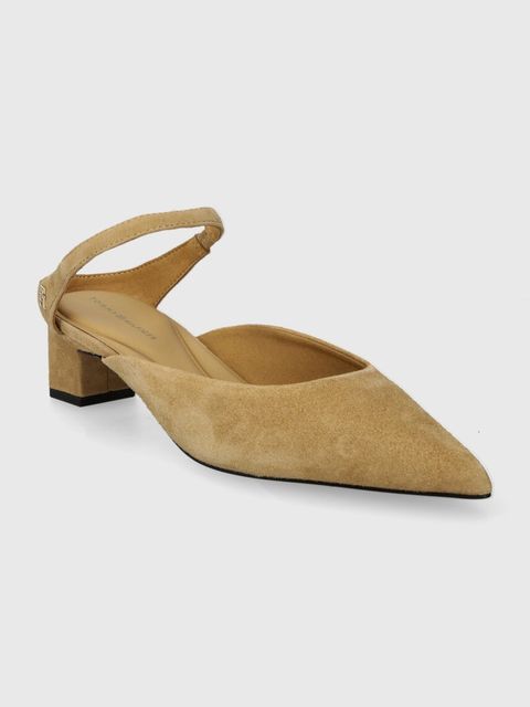 Tommy Hilfiger klapki zamszowe TH POINTY MID HEEL LEATHER MULE kolor beżowy na słupku z odkrytą piętą FW0FW07718