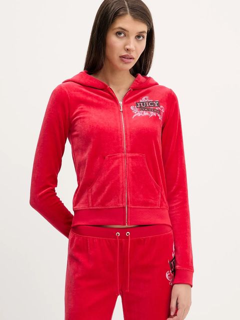 Juicy Couture bluza welurowa Wrap You Up damska kolor czerwony z kapturem z nadrukiem JCNAS126451 - zdjęcie produktu nr 1