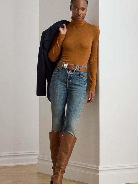 Lauren Ralph Lauren sweter z dodatkiem jedwabiu kolor brązowy z golfem 200940470