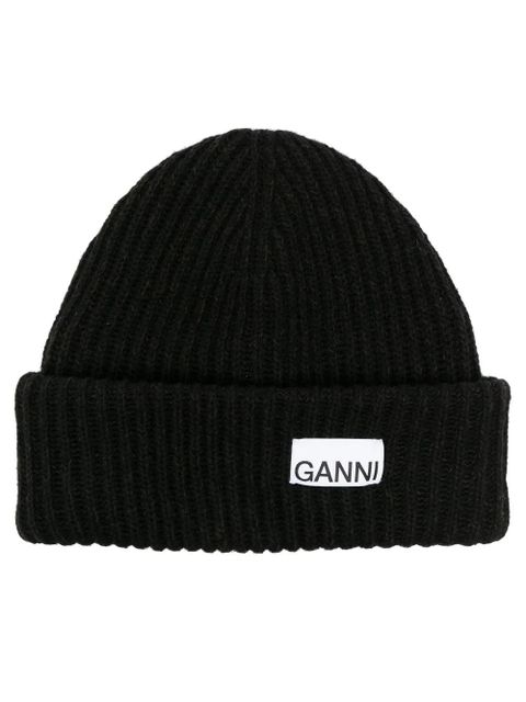 GANNI logo patch knit beanie - Black - zdjęcie produktu nr 1