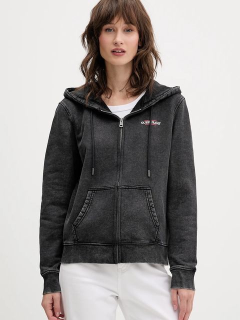 Guess Jeans bluza bawełniana damska kolor szary z kapturem z nadrukiem W5BQ14 KCPR1 - zdjęcie produktu nr 1