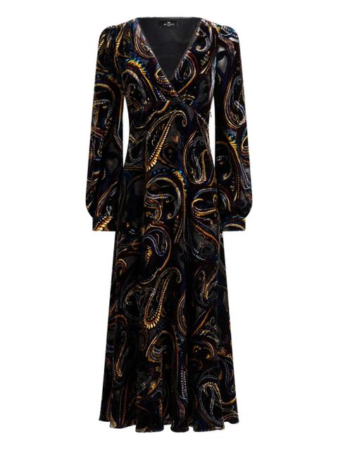 ETRO velvet paisley-foliage motif wrap midi dress - Black - zdjęcie produktu nr 1
