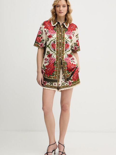 Farm Rio szorty z dodatkiem lnu damskie kolor beżowy high waist 344170