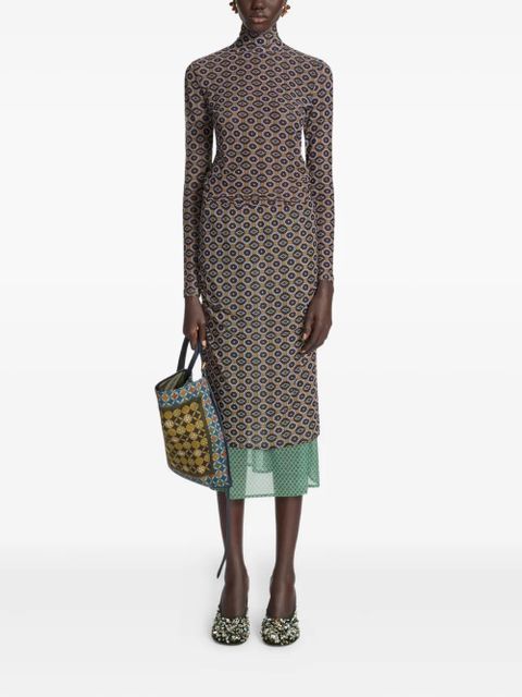 DRIES VAN NOTEN geometric-pattern ruffle-hem midi skirt - Brown