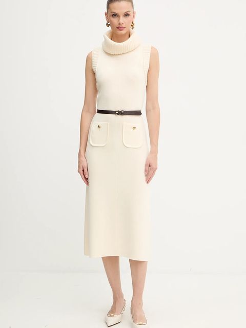 Luisa Spagnoli sukienka wełniana kolor beżowy midi rozkloszowana 100242 - zdjęcie produktu nr 1