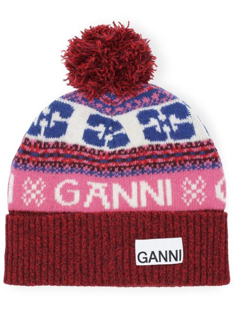 GANNI patterned-intarsia knitted beanie - Red