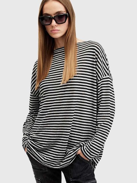 AllSaints bluzka RITA STRIPE TEE damska kolor szary wzorzysta W003JY - zdjęcie produktu nr 1