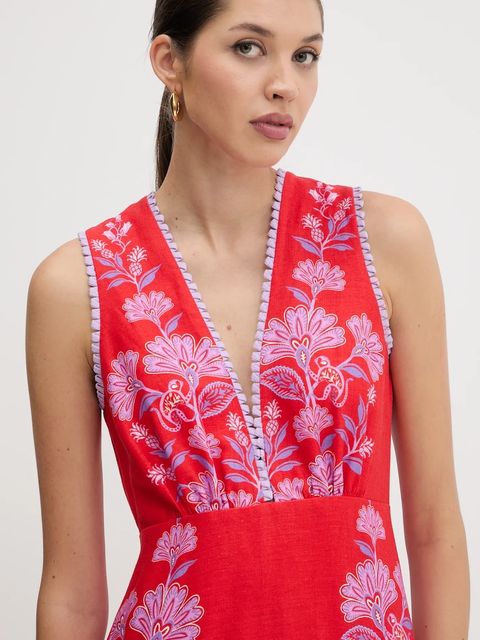 Farm Rio sukienka lniana kolor czerwony maxi rozkloszowana 336269