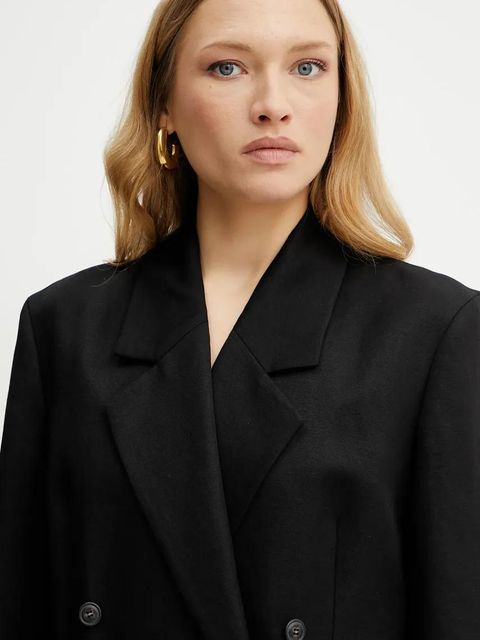 Ivy Oak marynarka lniana JASEMINA ROSE kolor czarny dwurzędowa gładka IO119125