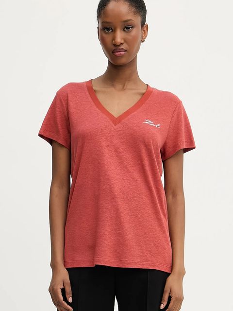 Karl Lagerfeld t-shirt lniany damski kolor czerwony A3W17070 - zdjęcie produktu nr 1