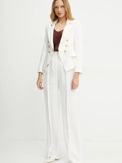 Elisabetta Franchi marynarka lniana kolor beżowy dwurzędowa gładka GI16252E2