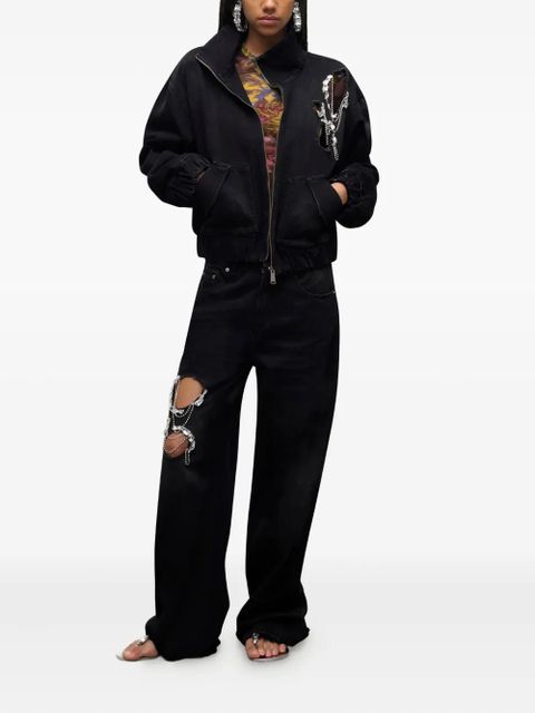AREA crystal chain cut-out bomber jacket - Black