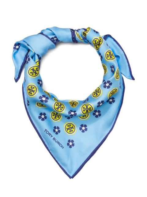 Tory Burch floral logo triangle scarf - Blue