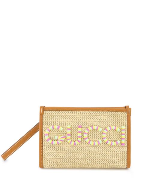 Gucci logo-plaque raffia clutch bag - Neutrals