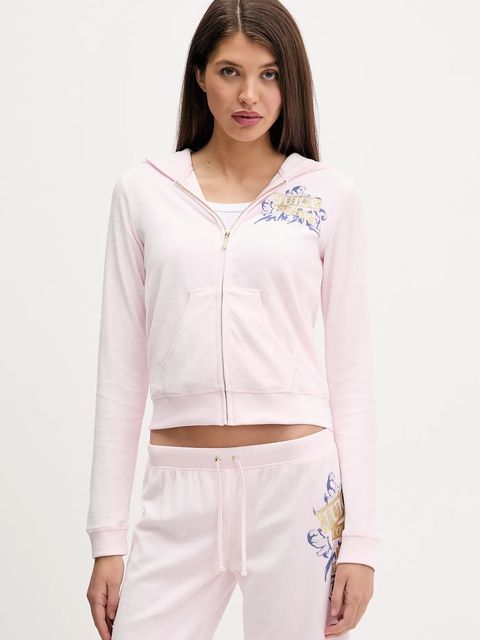 Juicy Couture bluza welurowa Wrap You Up damska kolor różowy z kapturem z nadrukiem JCNAS126451 - zdjęcie produktu nr 1