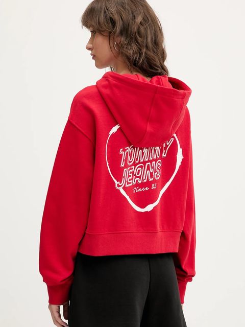 Tommy Jeans bluza bawełniana damska kolor czerwony z kapturem z nadrukiem DW0DW21408 - zdjęcie produktu nr 1