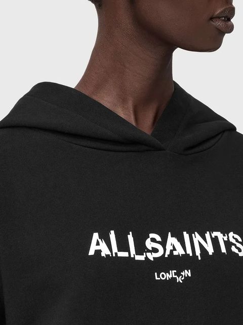 AllSaints bluza bawełniana damska kolor czarny z kapturem wzorzysta W107JD