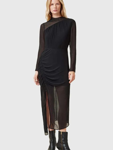 AllSaints sukienka z domieszką jedwabiu RIZO kolor czarny midi dopasowana W085DC