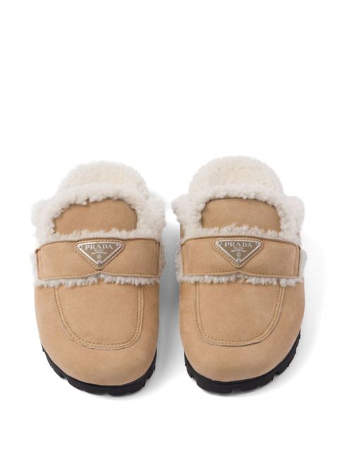 Prada triangle-logo shearling slippers - Neutrals