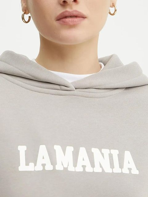 La Mania bluza damska kolor beżowy z kapturem z nadrukiem YOUNG