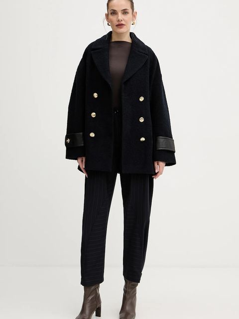 Pinko spodnie z dodatkiem wełny damskie kolor granatowy proste high waist 105707 A2QY