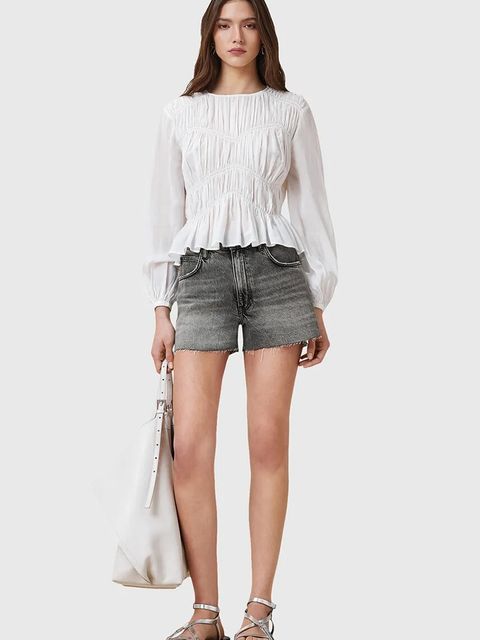 AllSaints szorty jeansowe TATE damskie kolor szary gładkie high waist W076EC