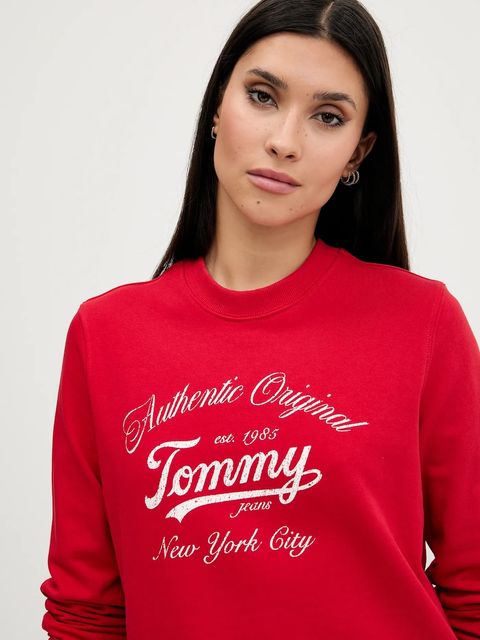 Tommy Jeans bluza bawełniana damska kolor czerwony z nadrukiem DW0DW20942